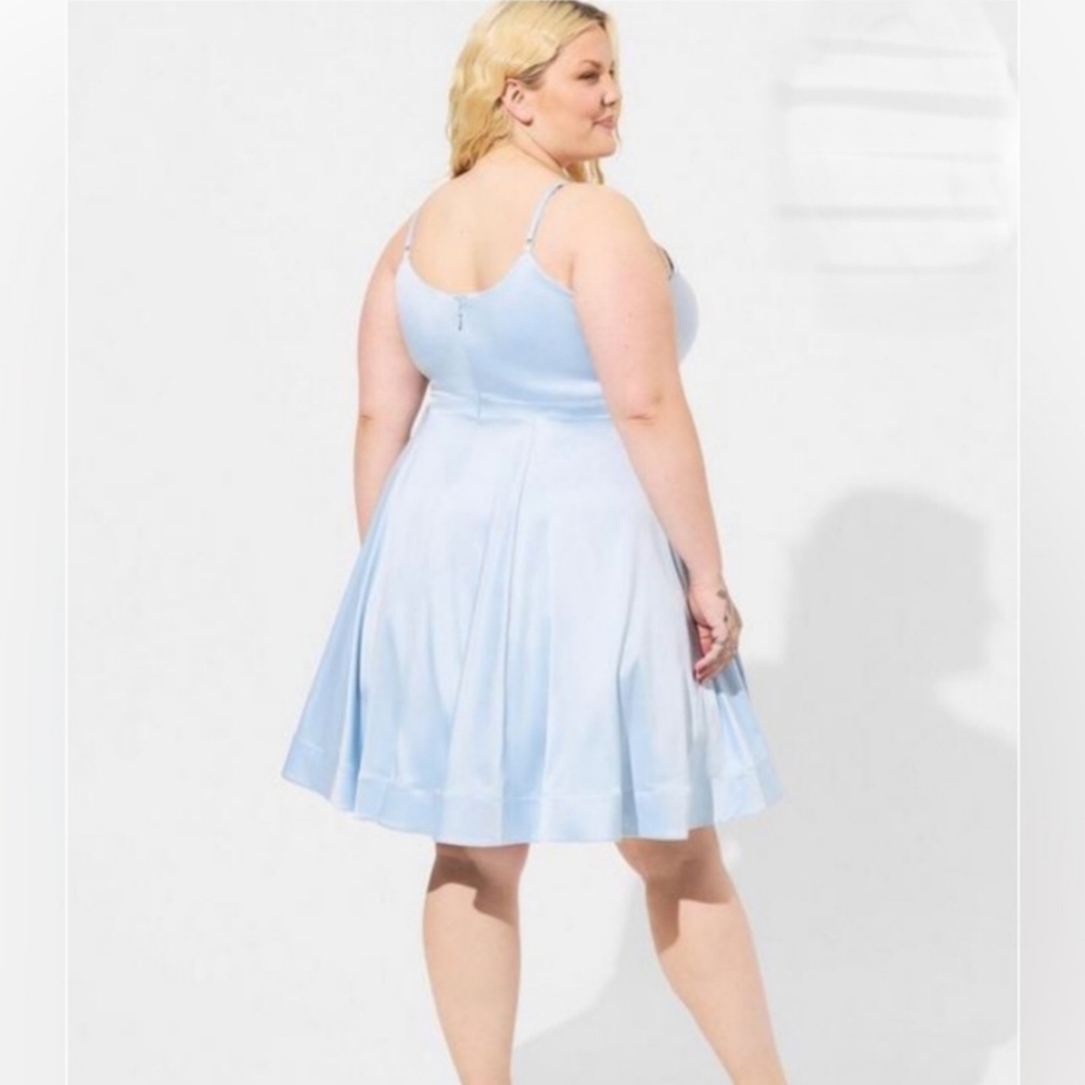 Torrid Mini Stretch Satin Flare Skater Dress- Sky Blue- Size 28 NWT